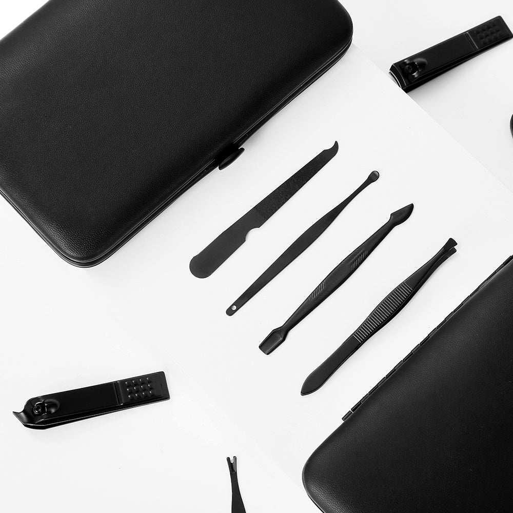 GROOMIX - Ensemble de soins des ongles classique noir de 15 pièces pour les mains, les pieds et le visage - Outils en acier inoxydable