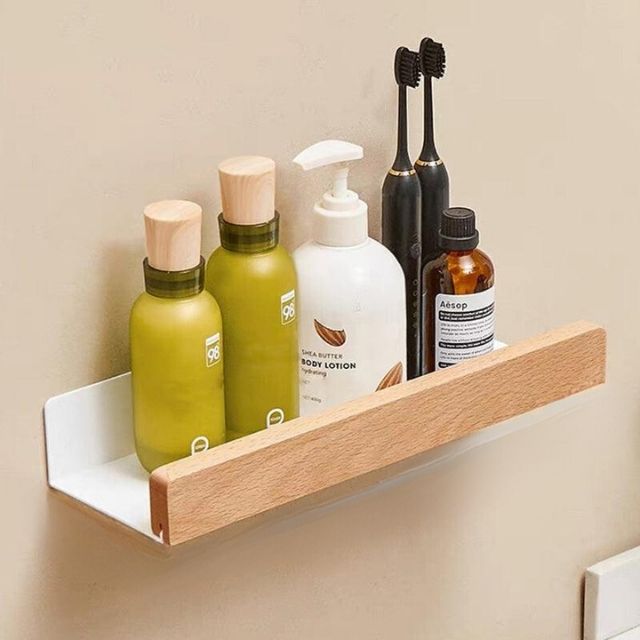 Étagère de bain en bois massif auto-adhésif