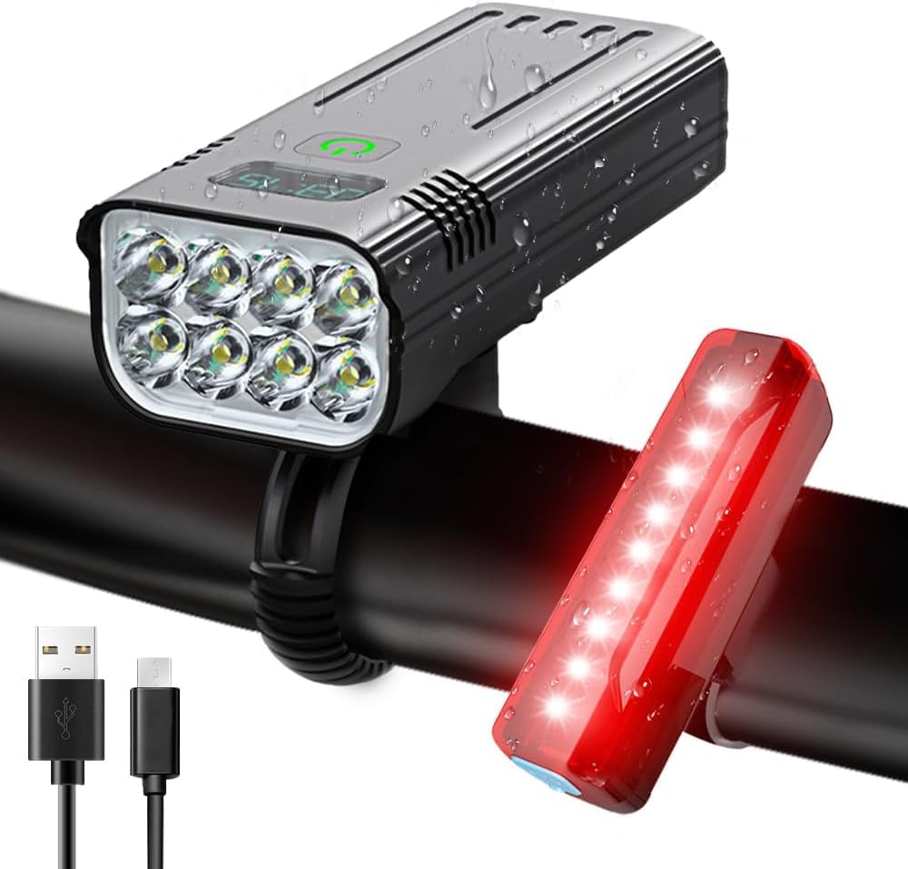 Skanto | Victoper 8000 Lumens Ensemble de Lumières de Vélo, 8 LED USB Rechargeables Lumières Avant & Arrière, Noir Mat