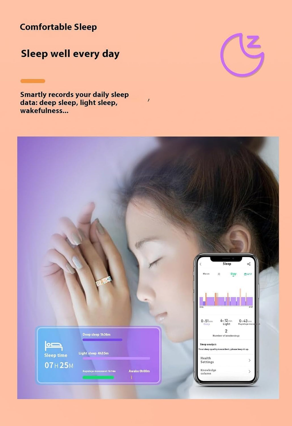 Bague de Bien-être Intelligente en Émail – Fitness et Suivi du Sommeil pour iOS et Android – Aurina