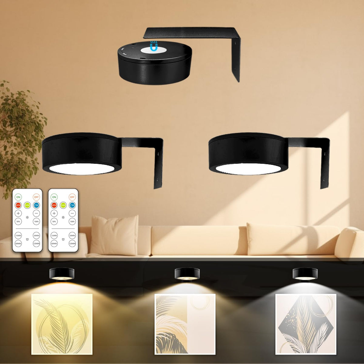 Pack de 3 lampes à pince Arixinks à piles avec télécommande, lumière pour tableaux avec 3 couleurs de lumière & dimmable, affichage artistique LED