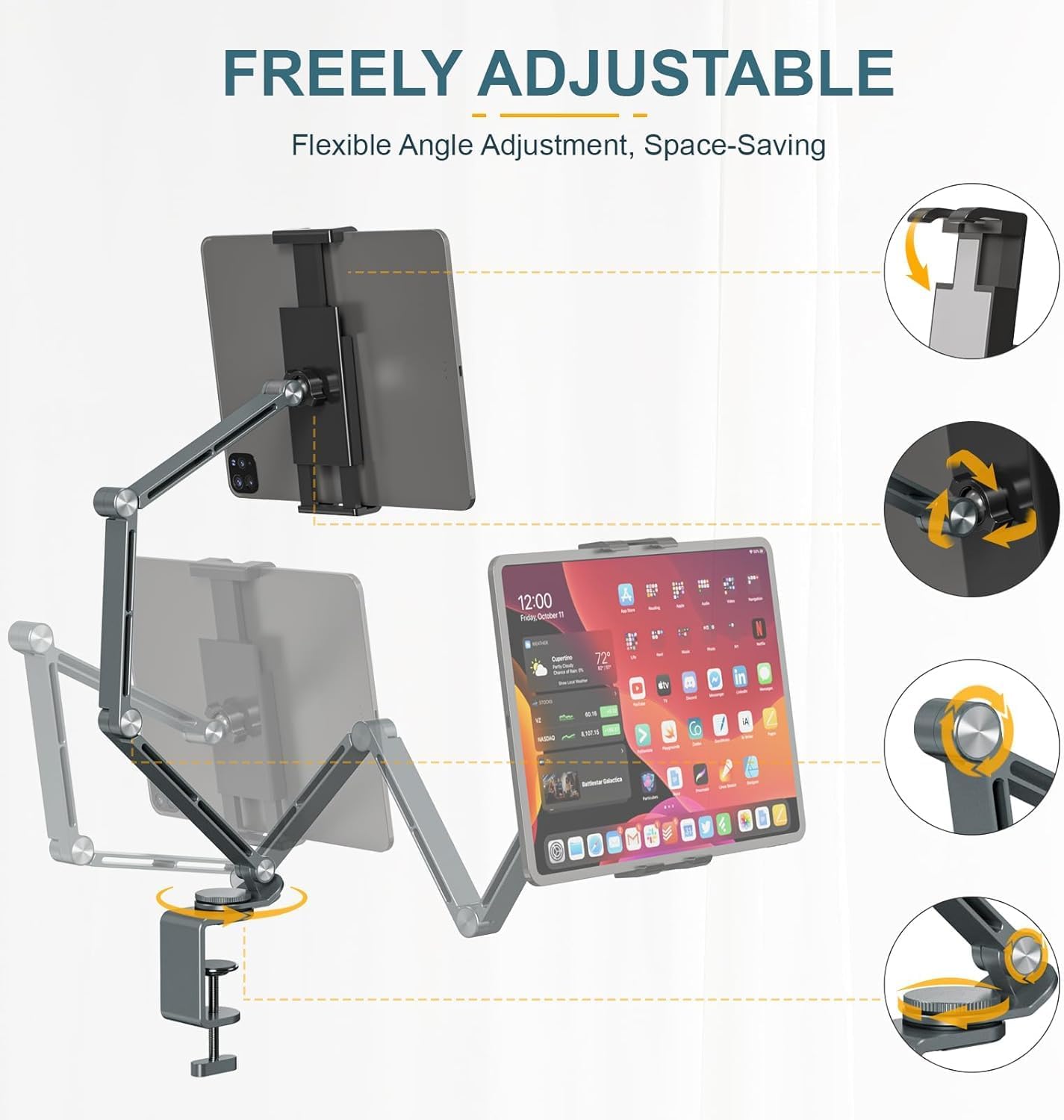 Support réglable en aluminium pour tablette avec rotation à 360° – Movaro