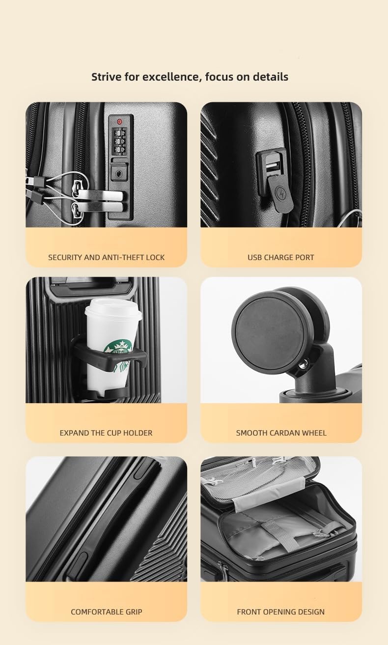 Valise rigide de cabine avec porte-gobelet, port USB et verrou TSA