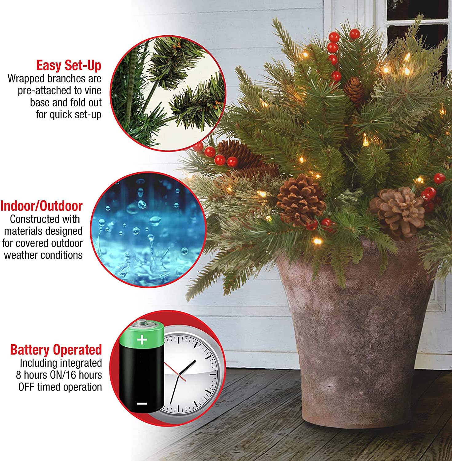 Décoration de urne de Noël avec lumières LED | Branches de sapin réalistes & baies | Intérieur et extérieur