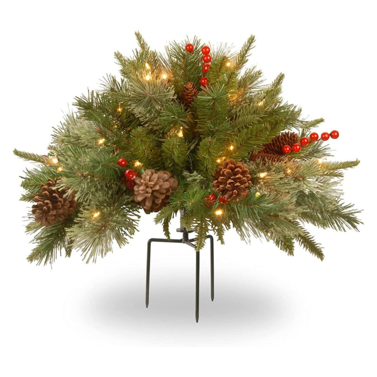 Décoration de urne de Noël avec lumières LED | Branches de sapin réalistes & baies | Intérieur et extérieur