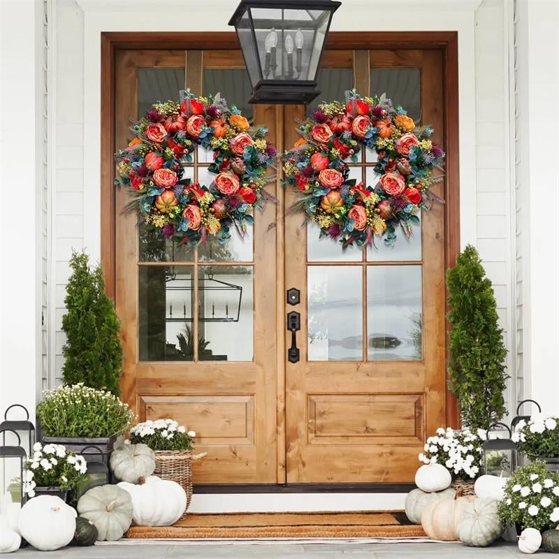 Couronne de porte automne | Fait main | Design Pivoines & Citrouille | Pour intérieur & extérieur
