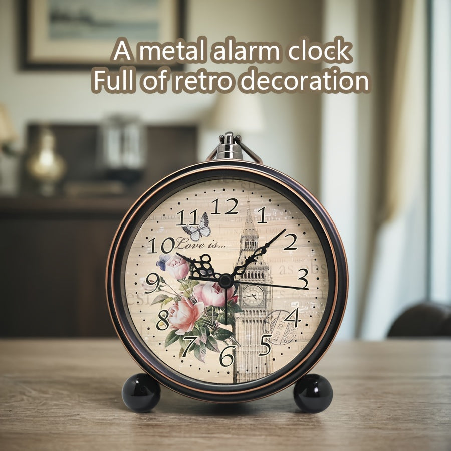 ELEGANTIME - Réveil analogique silencieux en métal vintage européen avec grand affichage