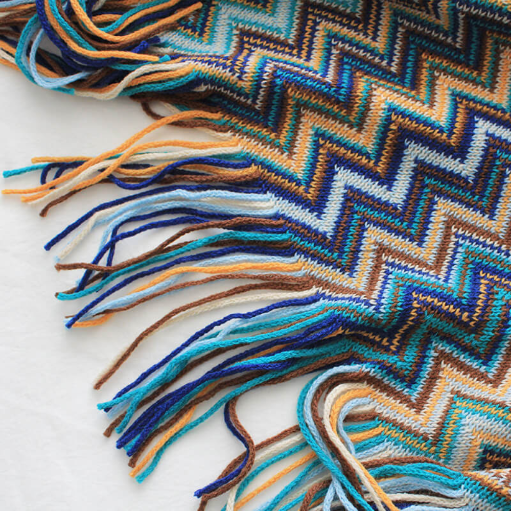 Couverture Tricotée à Franges Zigzag Multicolore