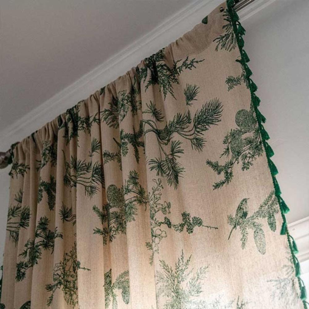 Rideau à Franges avec Motif Oiseau en Pin Vert