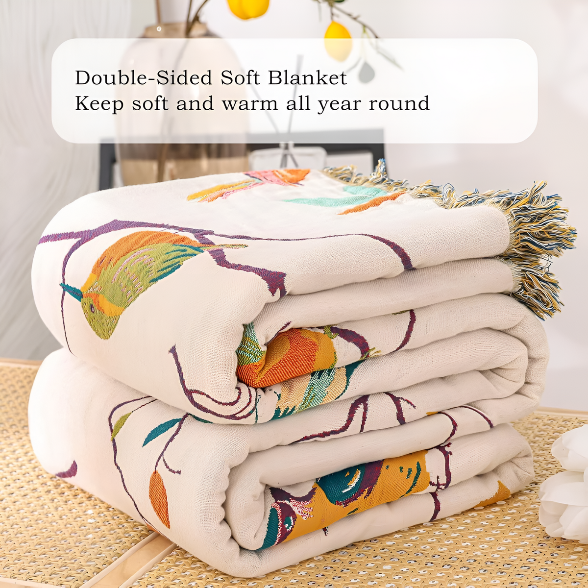 Couverture en Coton avec Franges Oiseau Fantaisie