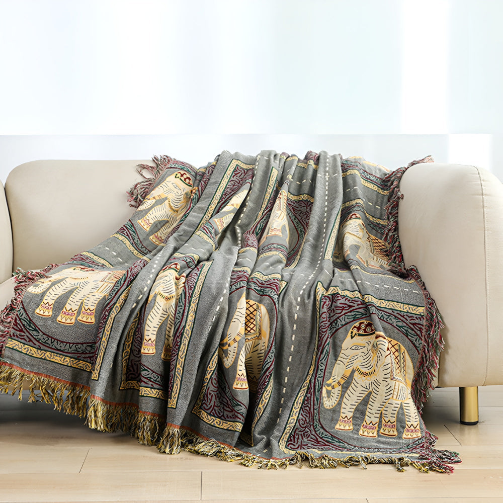 Couverture en Coton avec Franges Imprimée Éléphant Bohémien