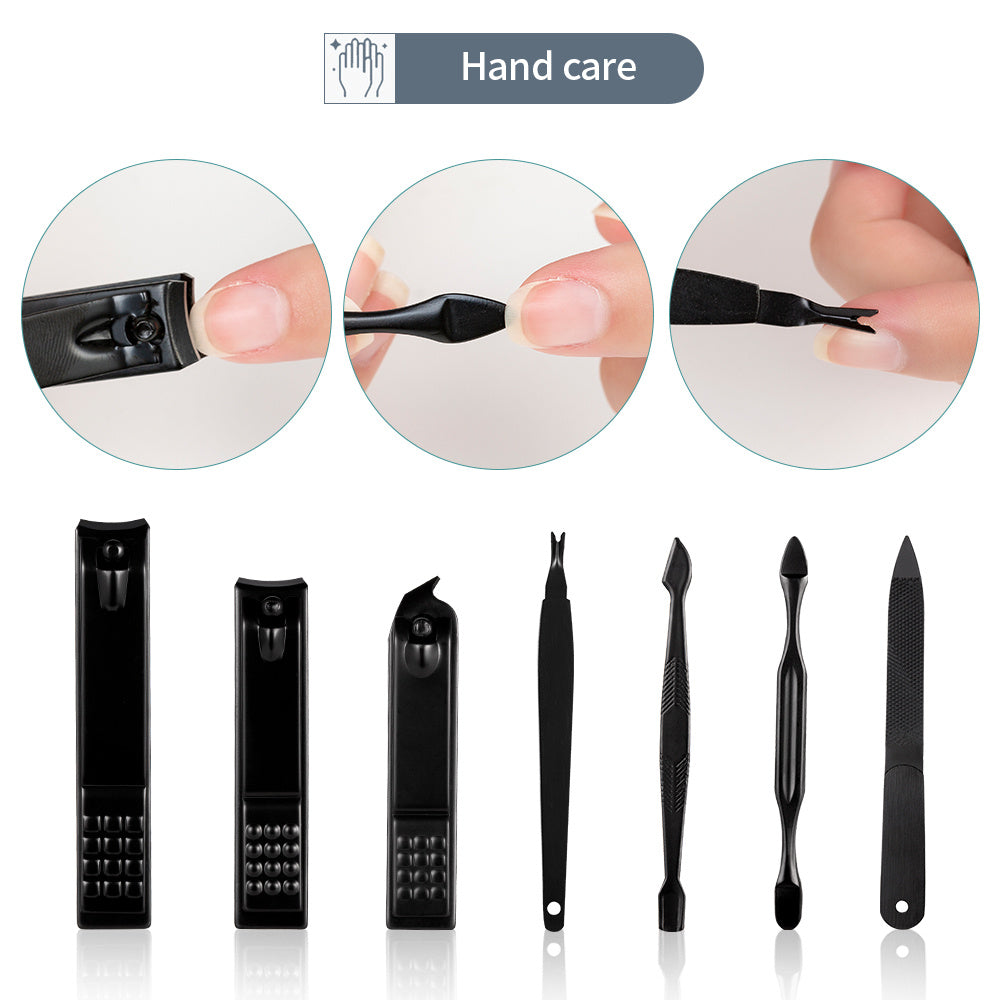 GROOMIX - Ensemble de soins des ongles classique noir de 15 pièces pour les mains, les pieds et le visage - Outils en acier inoxydable