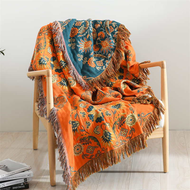 Couverture Vintage Boho avec Motif Floral