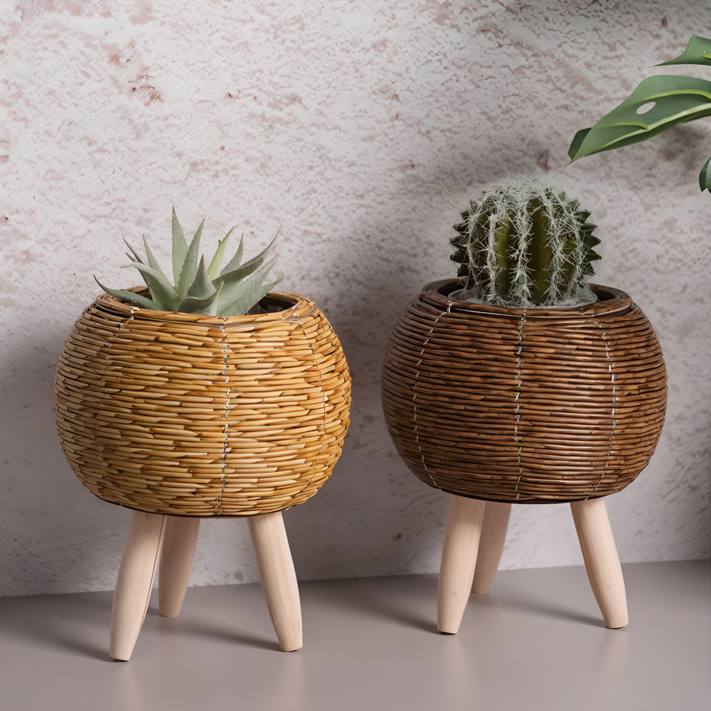 Pot en imitation rotin, panier décoratif pour fleurs