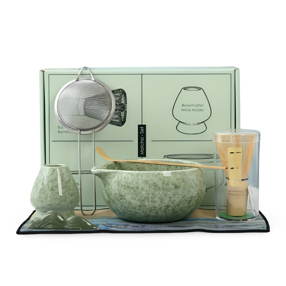 Set Matcha 7 pièces avec bol (450ml) & bec verseur – Ensemble de cérémonie du thé japonais en céramique & bambou – Coffret cadeau