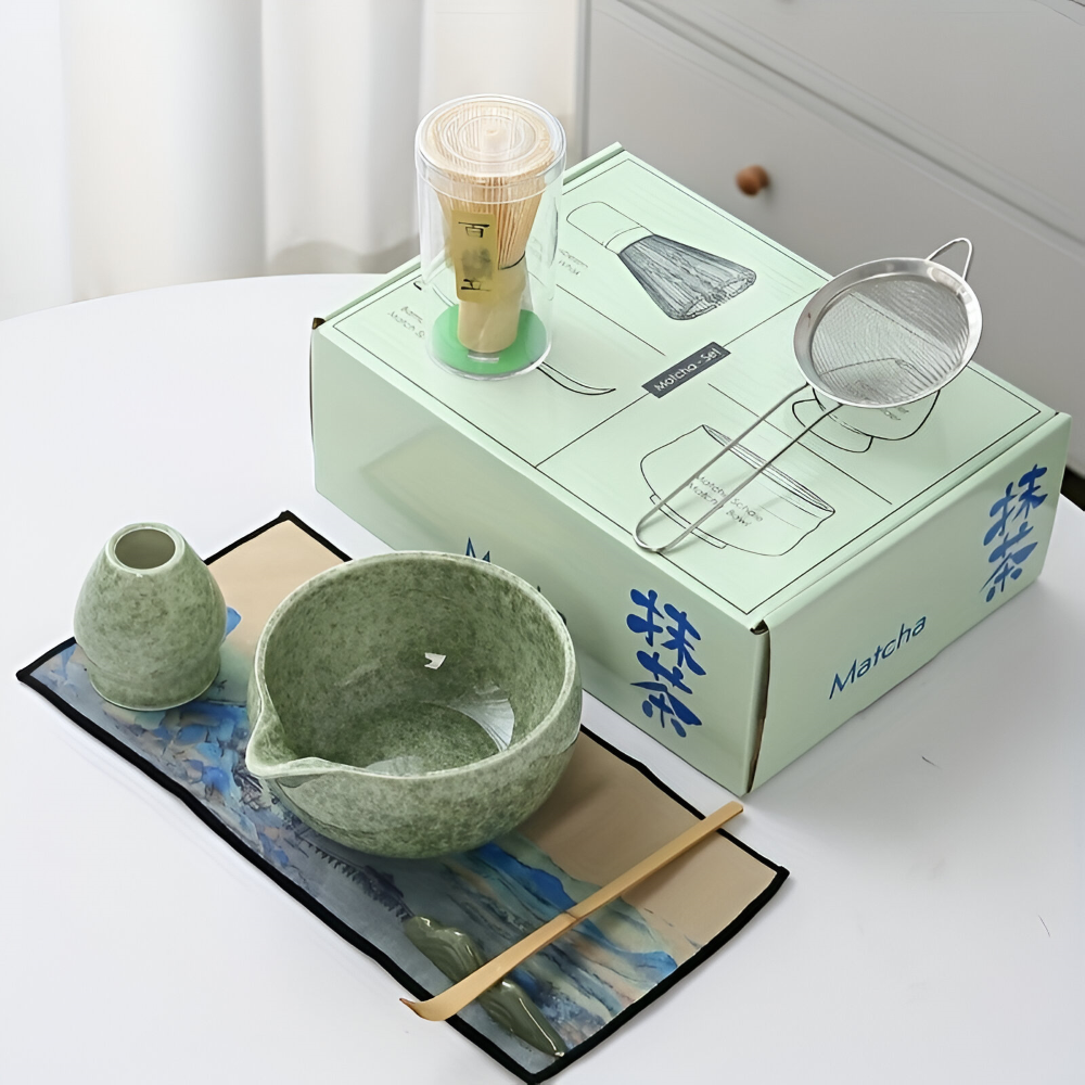 Set Matcha 7 pièces avec bol (450ml) & bec verseur – Ensemble de cérémonie du thé japonais en céramique & bambou – Coffret cadeau