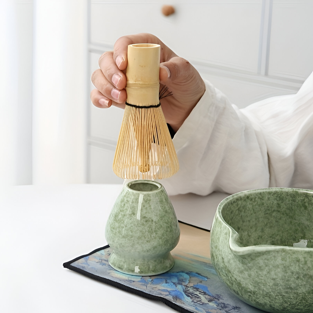 Set Matcha 7 pièces avec bol (450ml) & bec verseur – Ensemble de cérémonie du thé japonais en céramique & bambou – Coffret cadeau