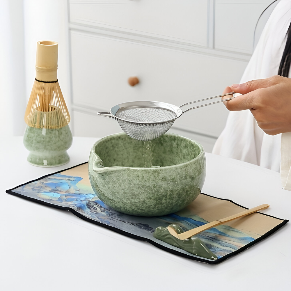 Set Matcha 7 pièces avec bol (450ml) & bec verseur – Ensemble de cérémonie du thé japonais en céramique & bambou – Coffret cadeau