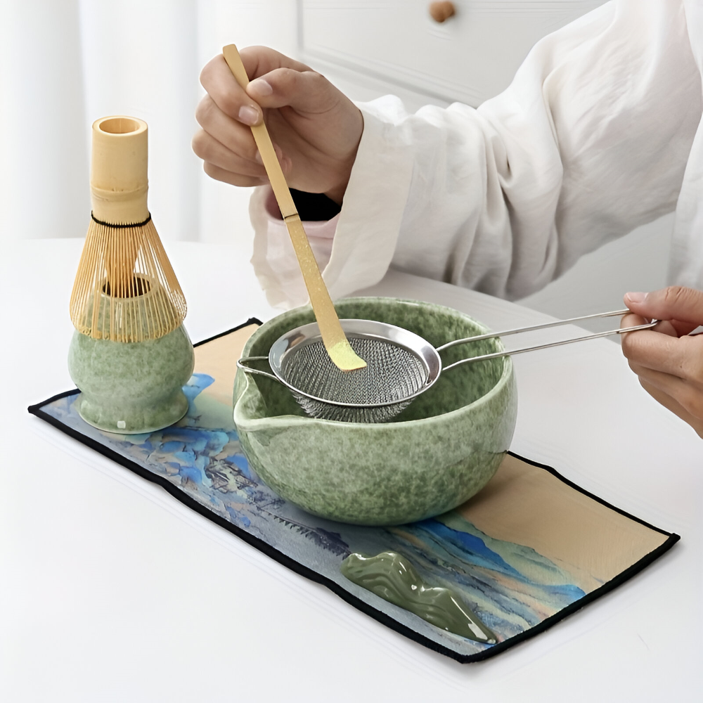 Set Matcha 7 pièces avec bol (450ml) & bec verseur – Ensemble de cérémonie du thé japonais en céramique & bambou – Coffret cadeau