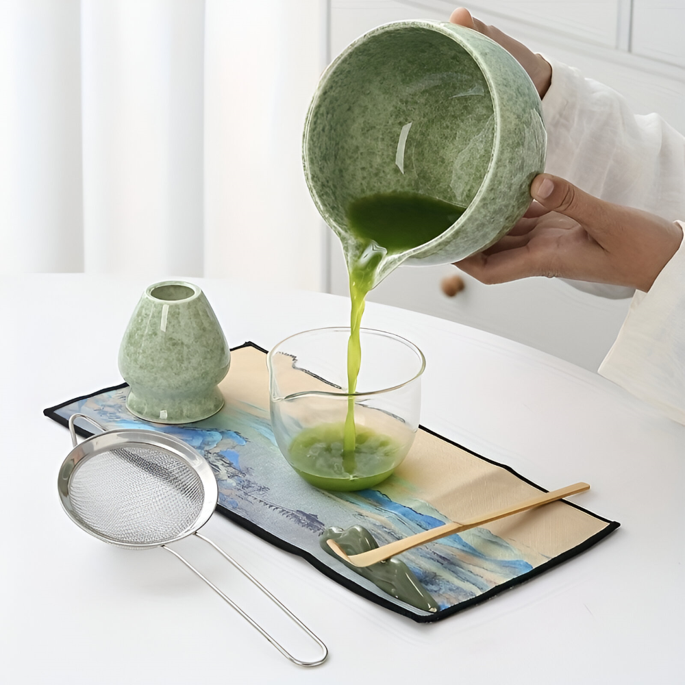 Set Matcha 7 pièces avec bol (450ml) & bec verseur – Ensemble de cérémonie du thé japonais en céramique & bambou – Coffret cadeau
