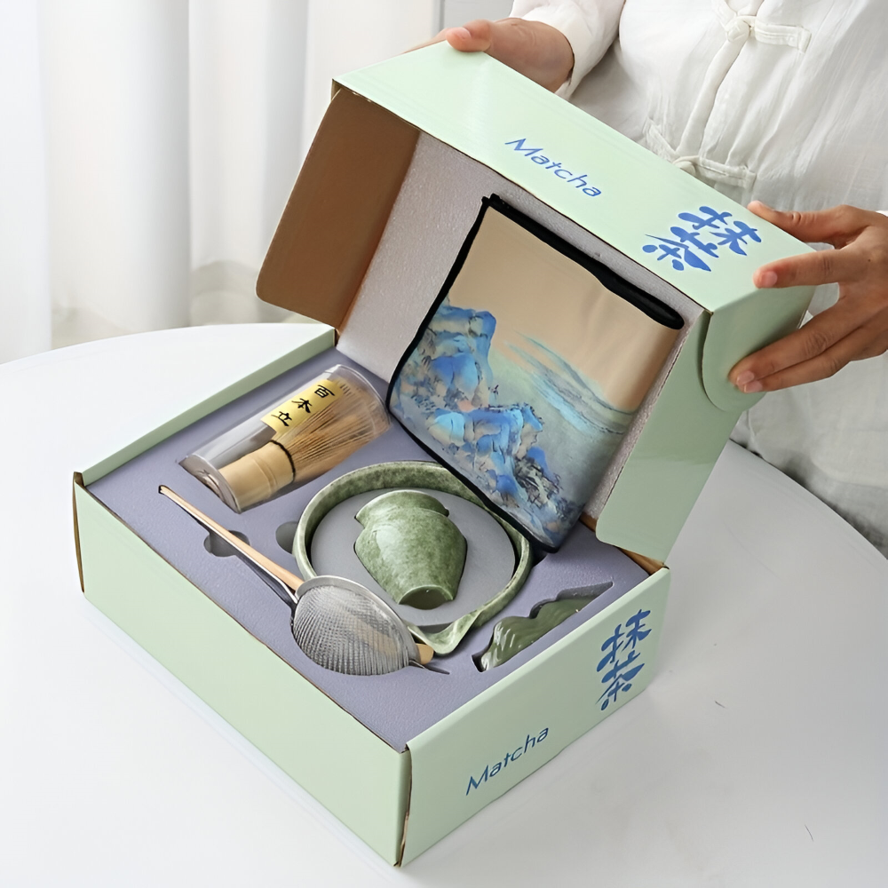 Set Matcha 7 pièces avec bol (450ml) & bec verseur – Ensemble de cérémonie du thé japonais en céramique & bambou – Coffret cadeau
