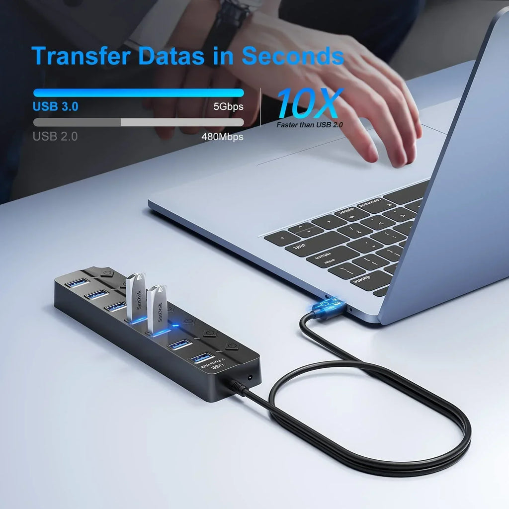 Hub USB 3.0 à 7 ports avec interrupteur – PortMaster (1+1 GRATUIT)