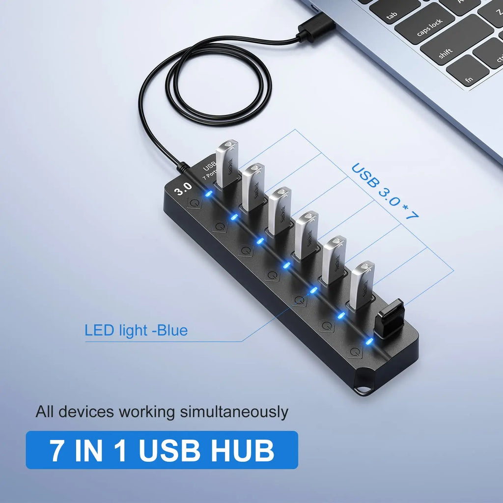 Hub USB 3.0 à 7 ports avec interrupteur – PortMaster (1+1 GRATUIT)