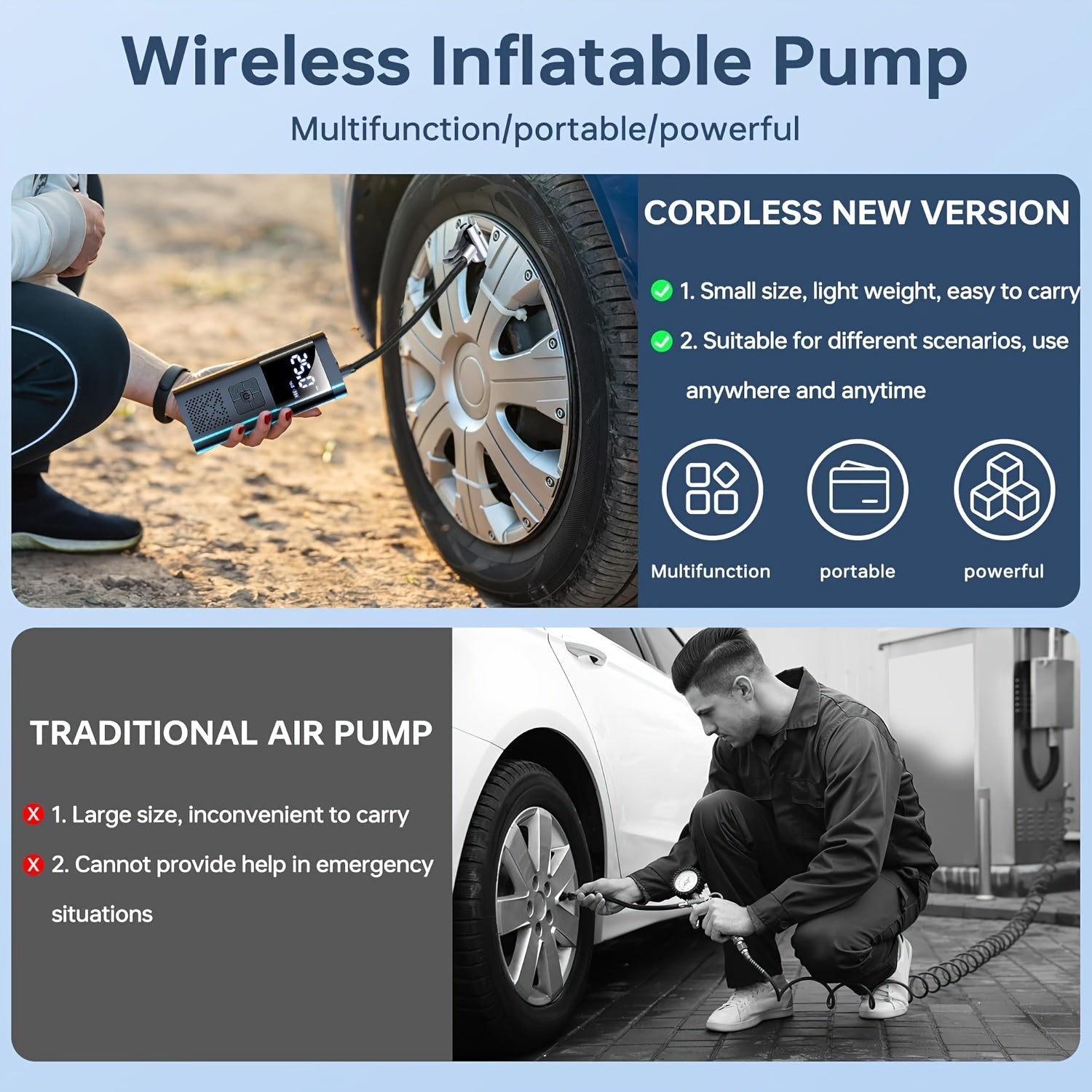 Compresseur d'air portable – Dispositif de gonflage intelligent avec écran LCD et lumières LED
