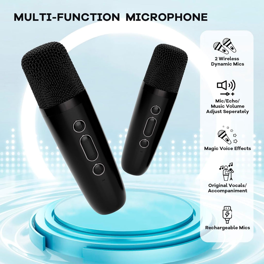 Skanto | Mini machine à karaoké portable avec haut-parleur Bluetooth et 2 microphones sans fil – Veylo