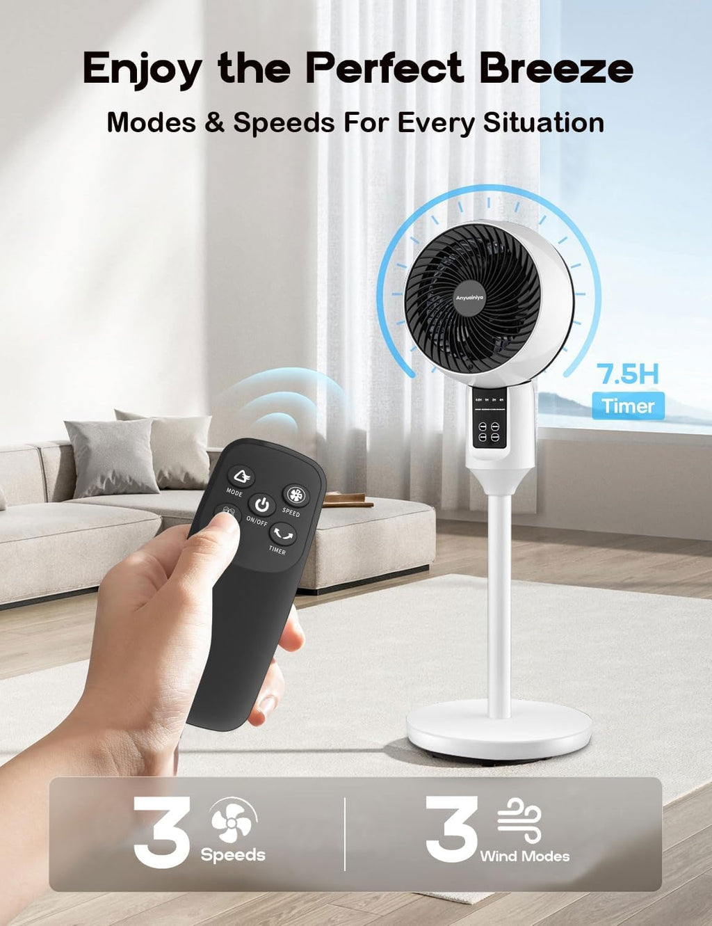 Ventilateur sur pied réglable avec oscillation 3D – Aerion