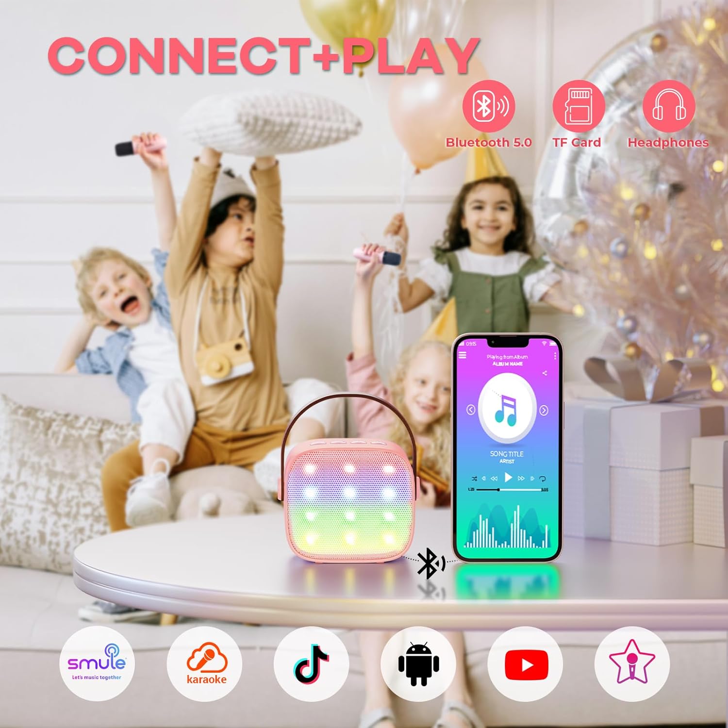 Skanto | Mini machine à karaoké portable avec haut-parleur Bluetooth et 2 microphones sans fil – Veylo