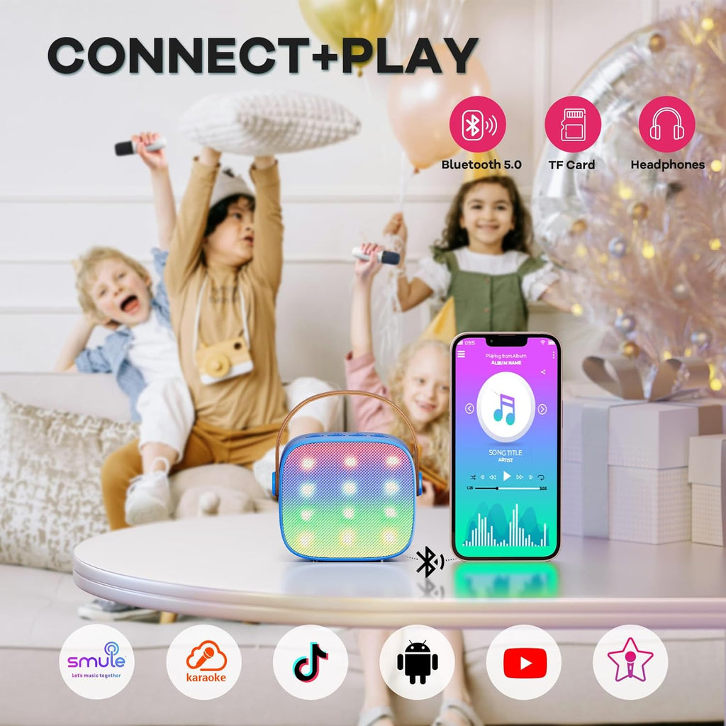 Skanto | Mini machine à karaoké portable avec haut-parleur Bluetooth et 2 microphones sans fil – Veylo
