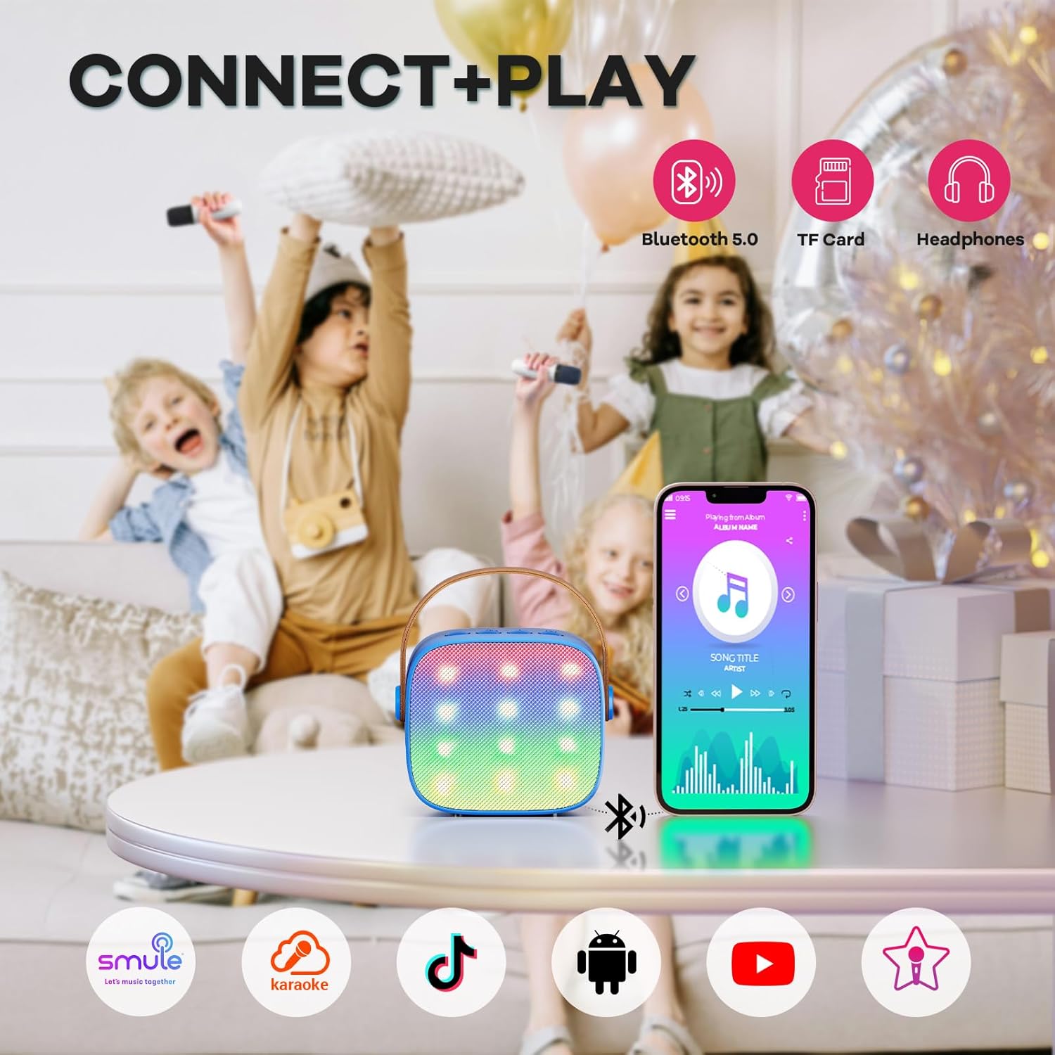 Skanto | Mini machine à karaoké portable avec haut-parleur Bluetooth et 2 microphones sans fil – Veylo
