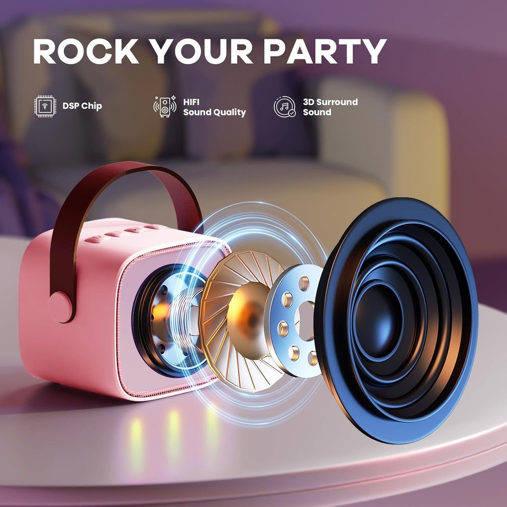 Skanto | Mini machine à karaoké portable avec haut-parleur Bluetooth et 2 microphones sans fil – Veylo