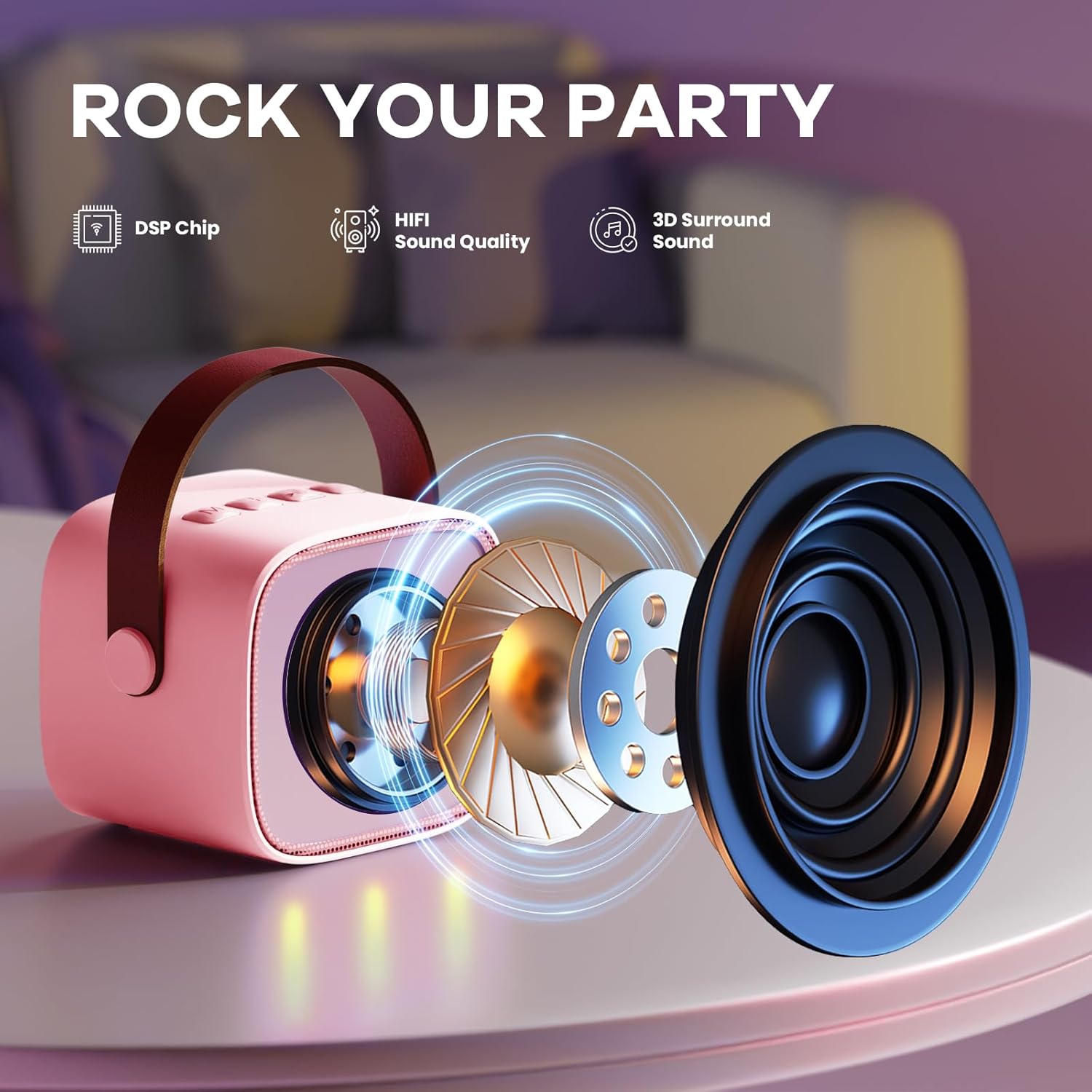 Skanto | Mini machine à karaoké portable avec haut-parleur Bluetooth et 2 microphones sans fil – Veylo
