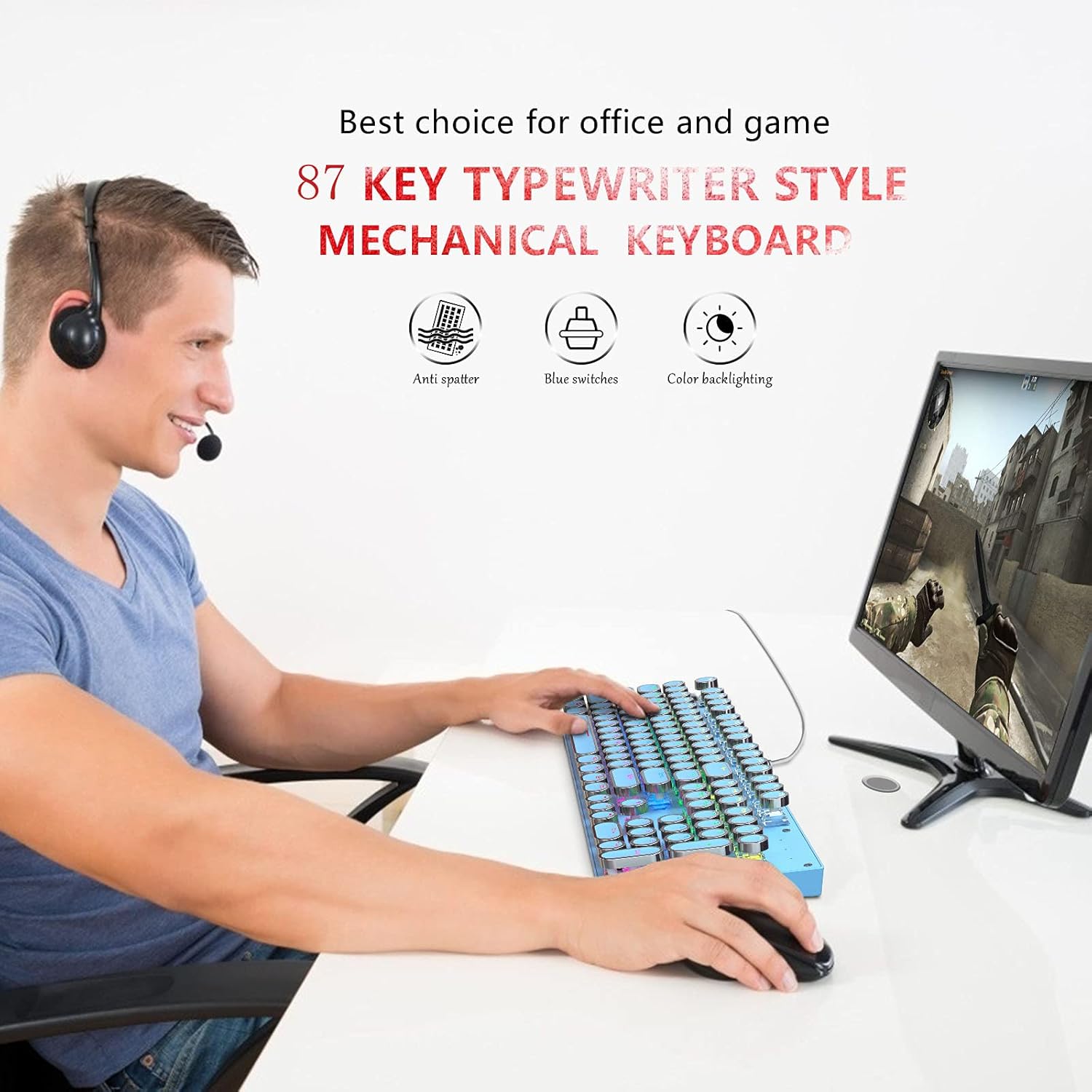 Clavier mécanique de jeu 87 touches avec rétroéclairage RGB et interrupteurs bleus