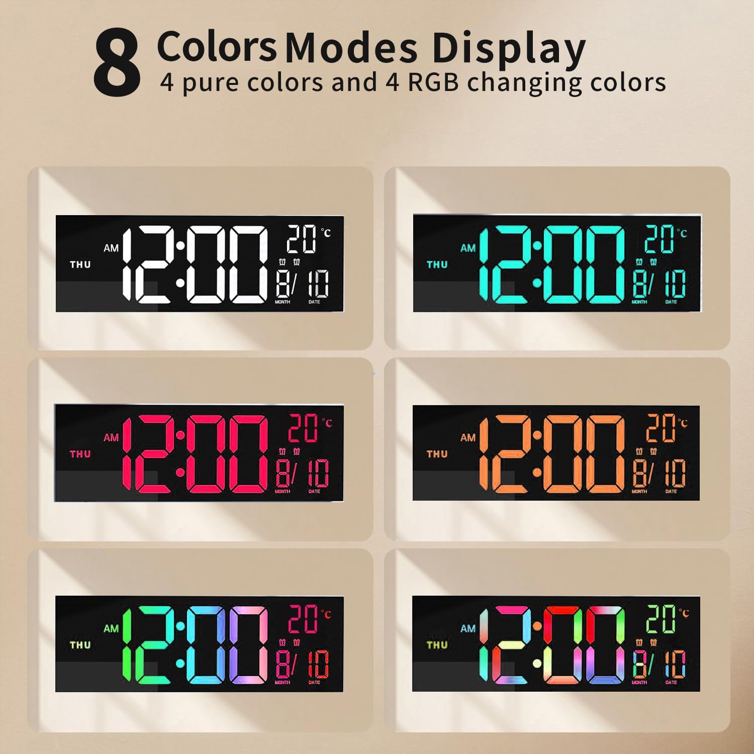 Horloge numérique murale et de bureau RGB de 41 cm avec télécommande – Lumeris