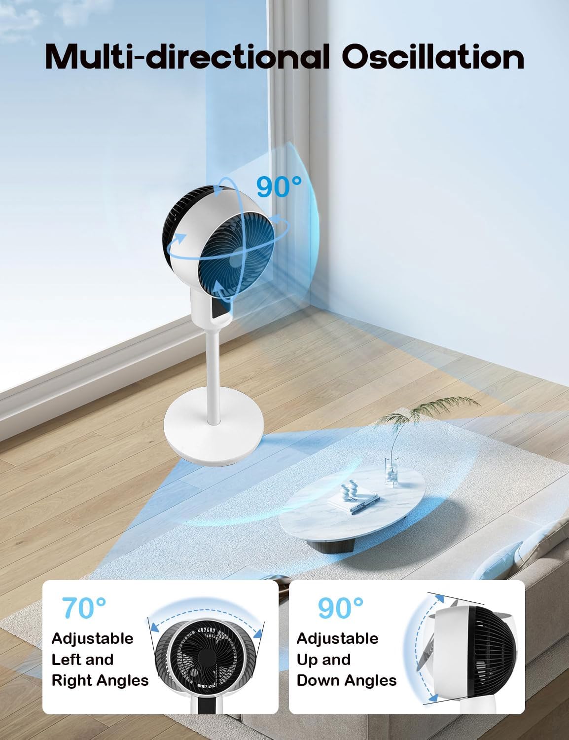 Ventilateur sur pied réglable avec oscillation 3D – Aerion