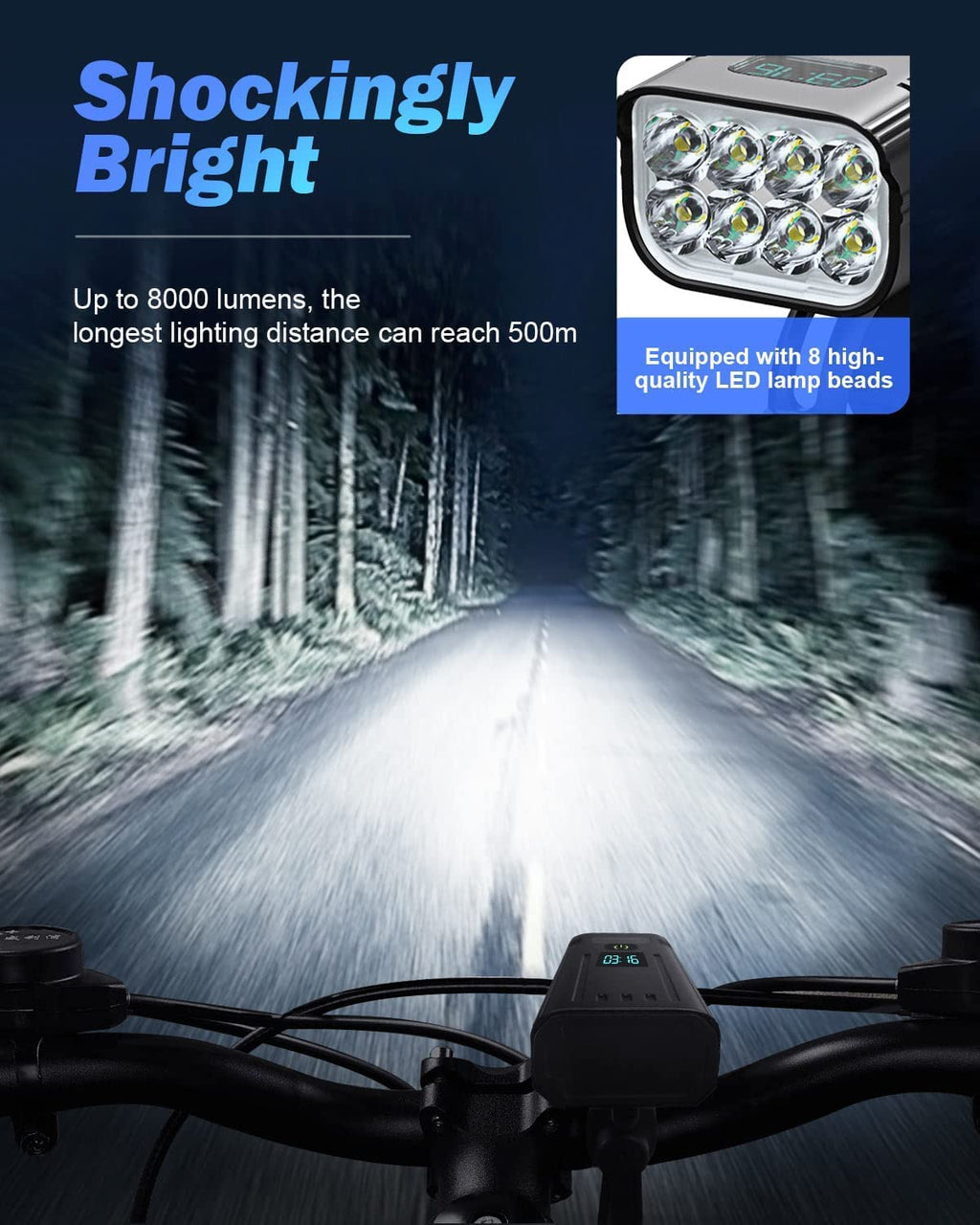 Skanto | Victoper 8000 Lumens Ensemble de Lumières de Vélo, 8 LED USB Rechargeables Lumières Avant & Arrière, Noir Mat