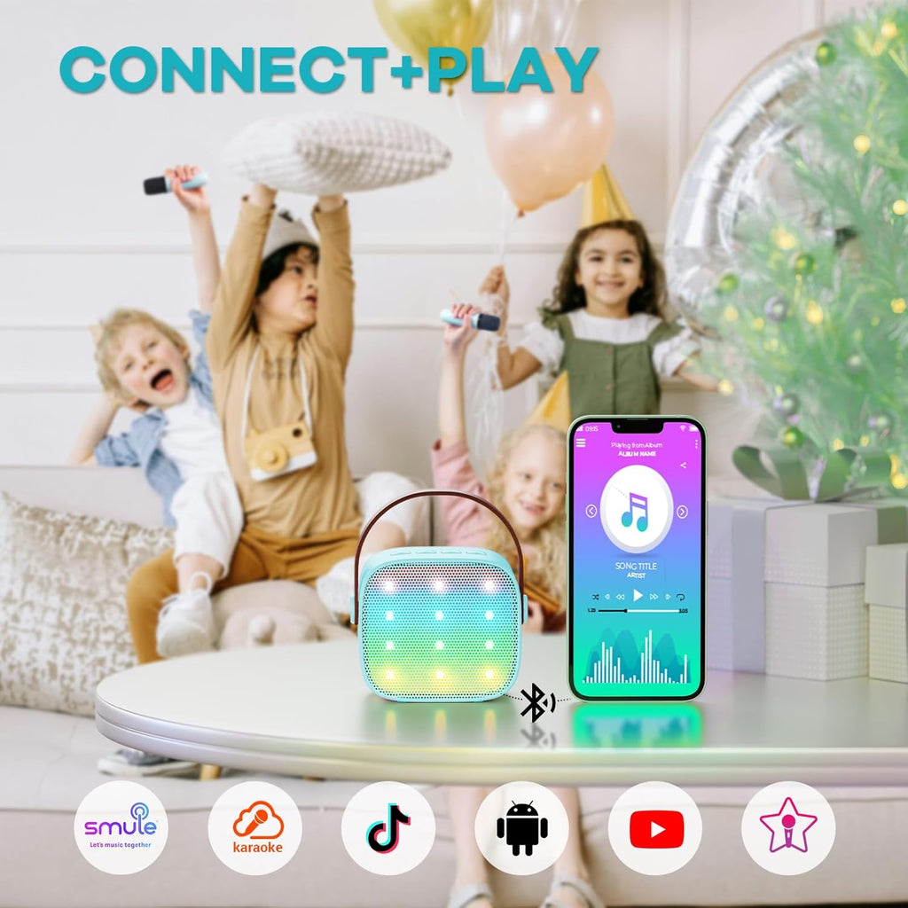 Skanto | Mini machine à karaoké portable avec haut-parleur Bluetooth et 2 microphones sans fil – Veylo