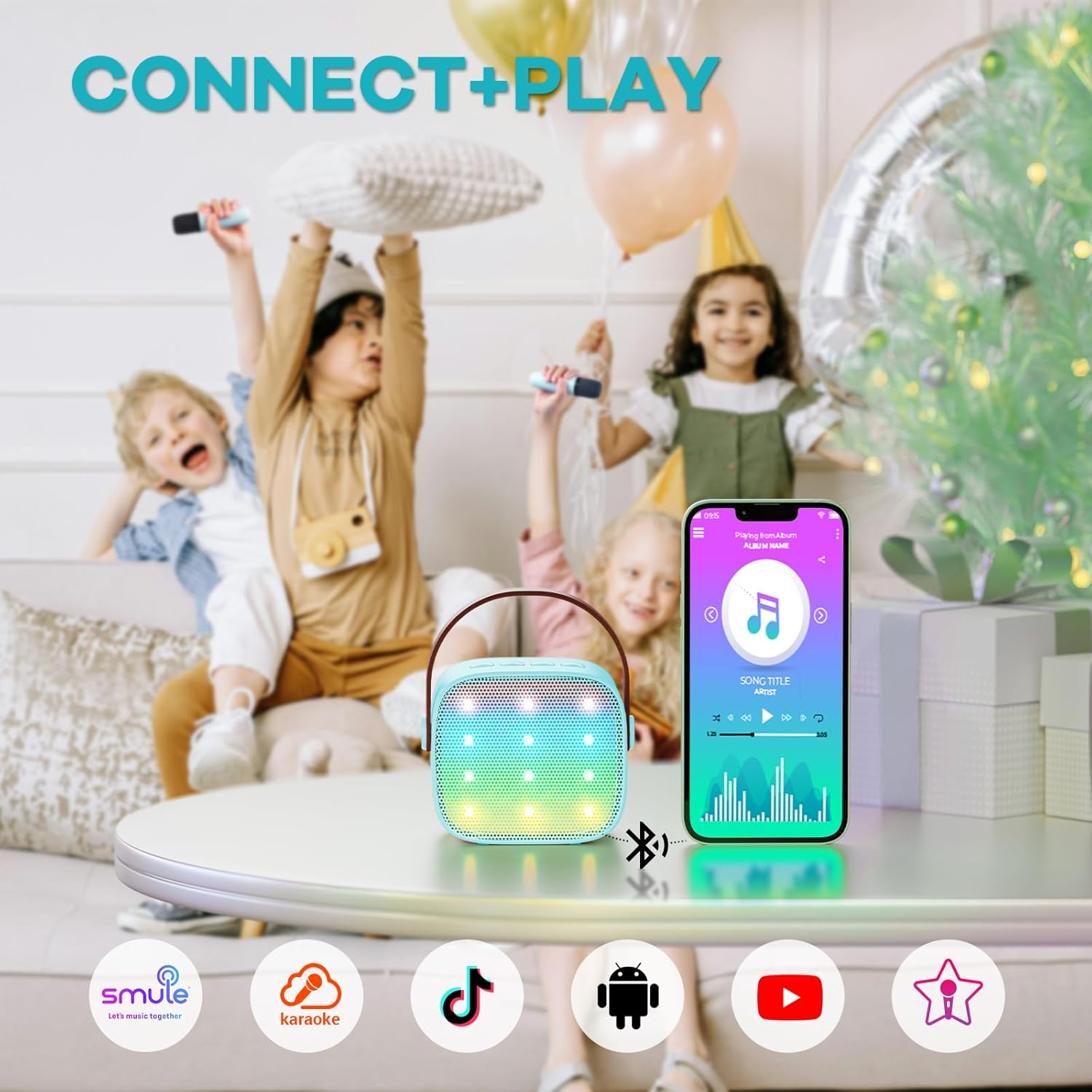 Skanto | Mini machine à karaoké portable avec haut-parleur Bluetooth et 2 microphones sans fil – Veylo