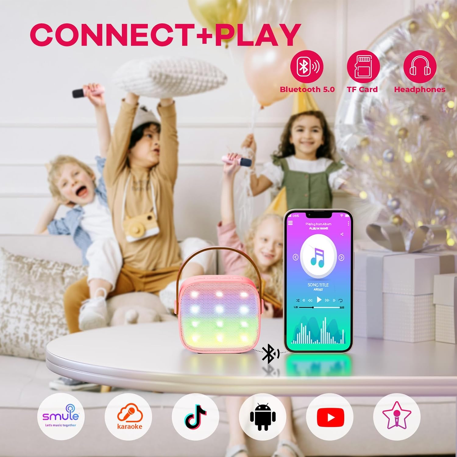 Skanto | Mini machine à karaoké portable avec haut-parleur Bluetooth et 2 microphones sans fil – Veylo