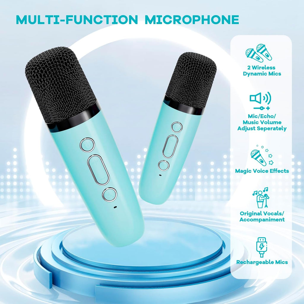 Skanto | Mini machine à karaoké portable avec haut-parleur Bluetooth et 2 microphones sans fil – Veylo