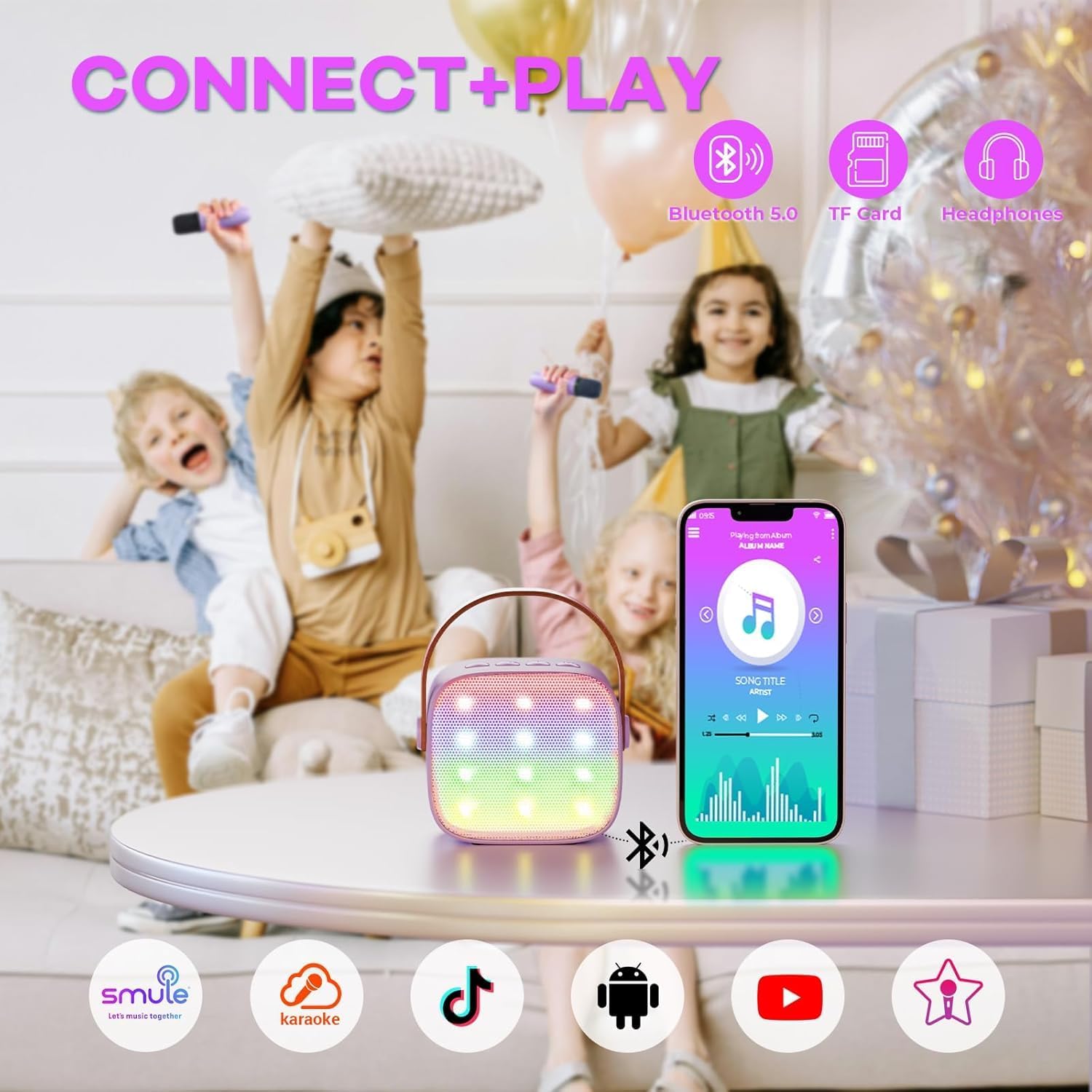 Skanto | Mini machine à karaoké portable avec haut-parleur Bluetooth et 2 microphones sans fil – Veylo
