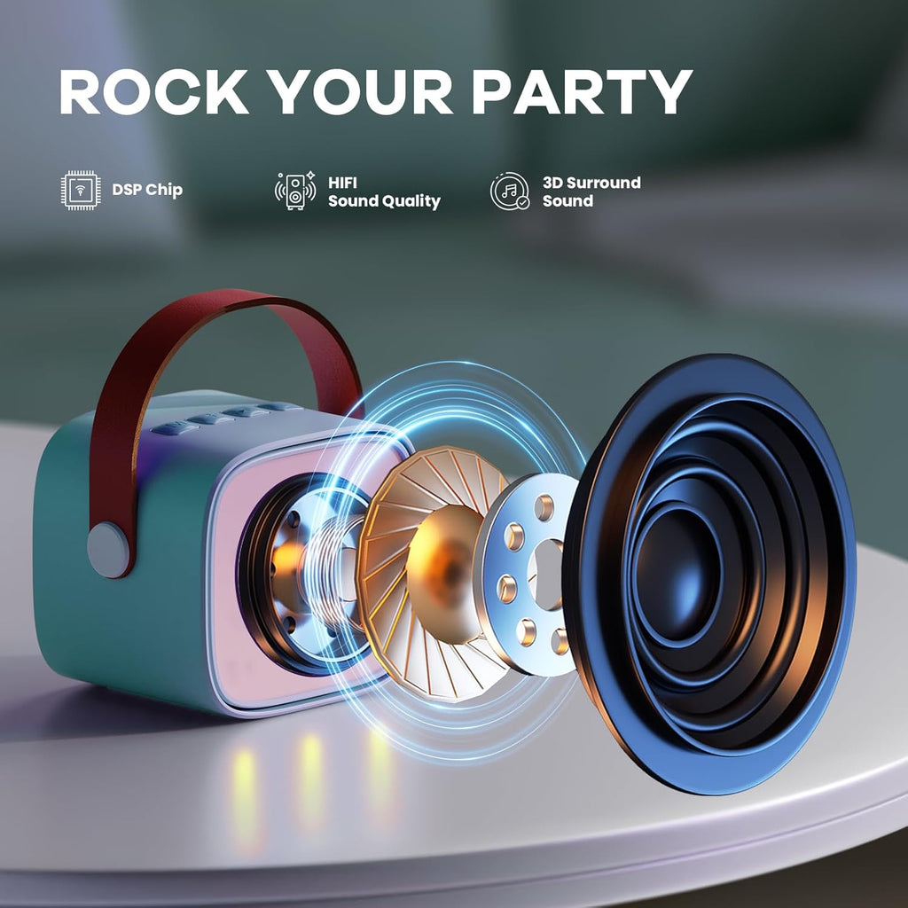 Skanto | Mini machine à karaoké portable avec haut-parleur Bluetooth et 2 microphones sans fil – Veylo