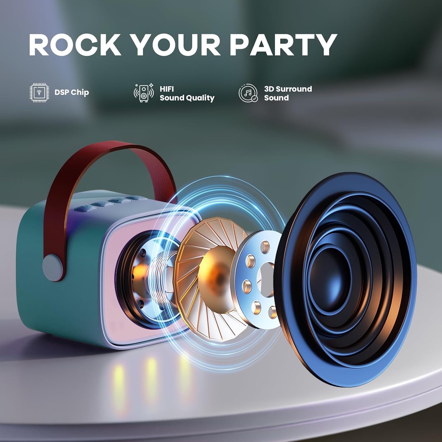 Skanto | Mini machine à karaoké portable avec haut-parleur Bluetooth et 2 microphones sans fil – Veylo