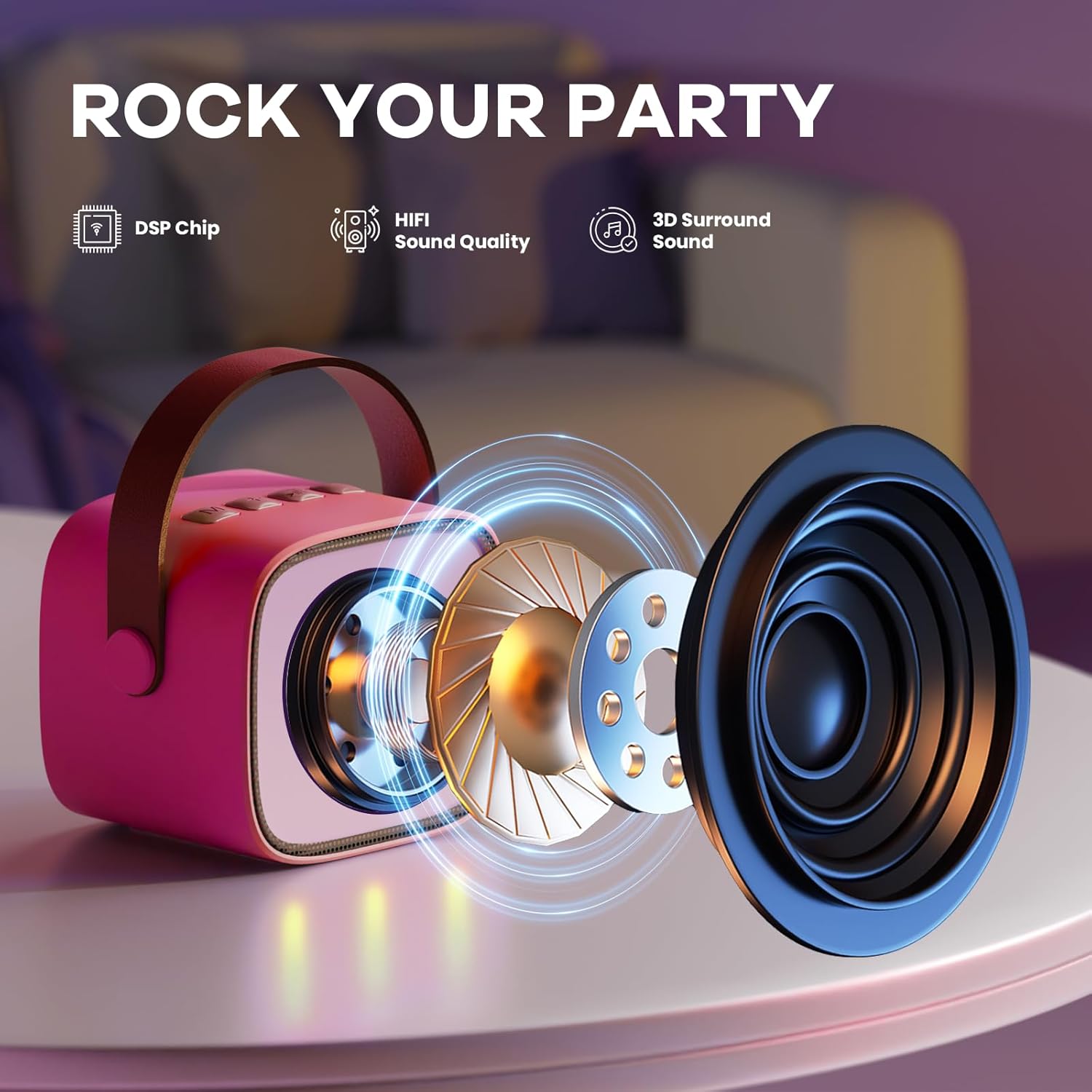 Skanto | Mini machine à karaoké portable avec haut-parleur Bluetooth et 2 microphones sans fil – Veylo