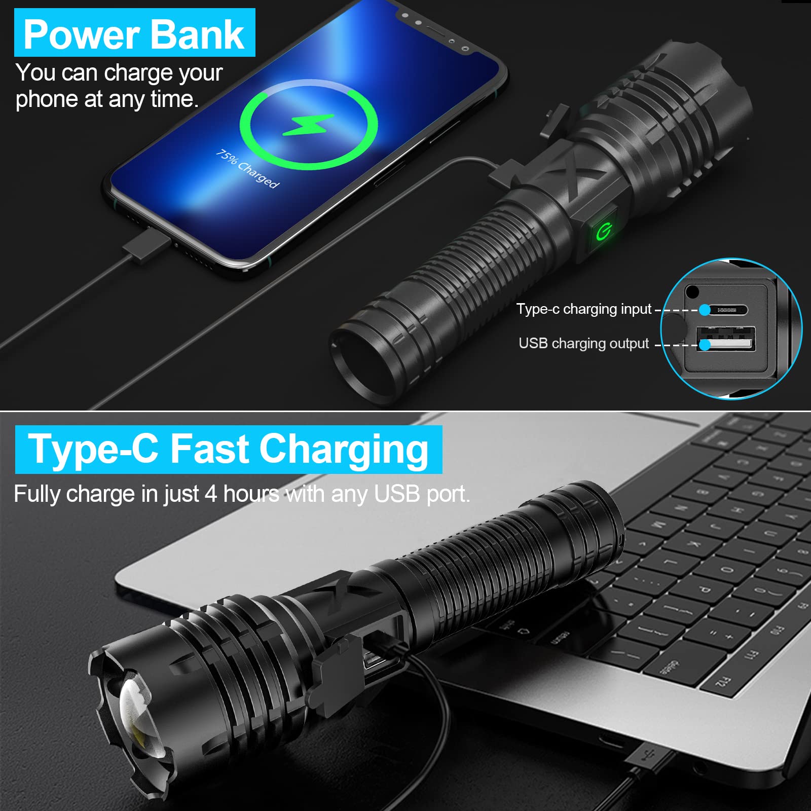 Skanto | Banral 100000 lumen lampe de poche rechargeable, étanche IPX6, 5 modes, zoomable, aluminium