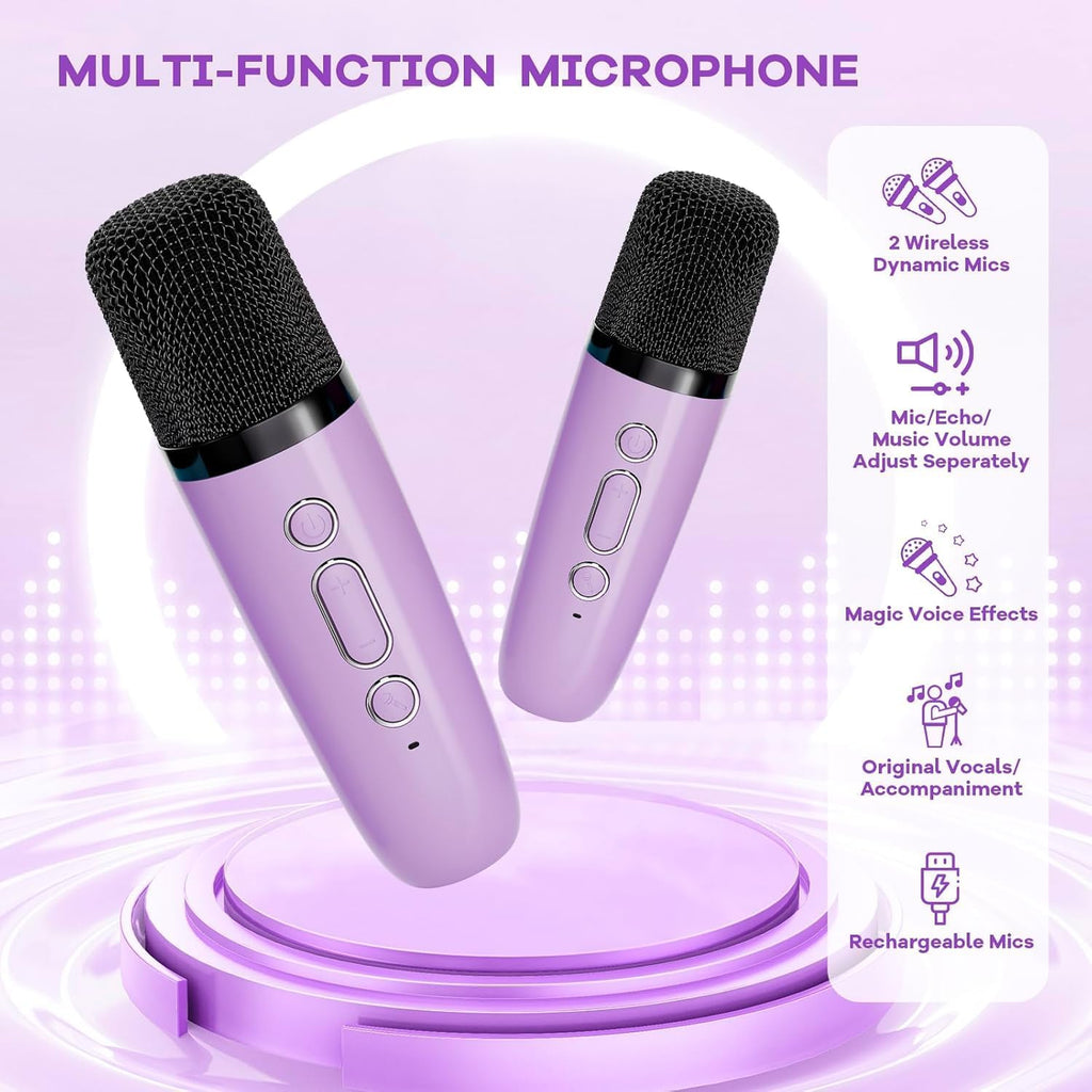 Skanto | Mini machine à karaoké portable avec haut-parleur Bluetooth et 2 microphones sans fil – Veylo