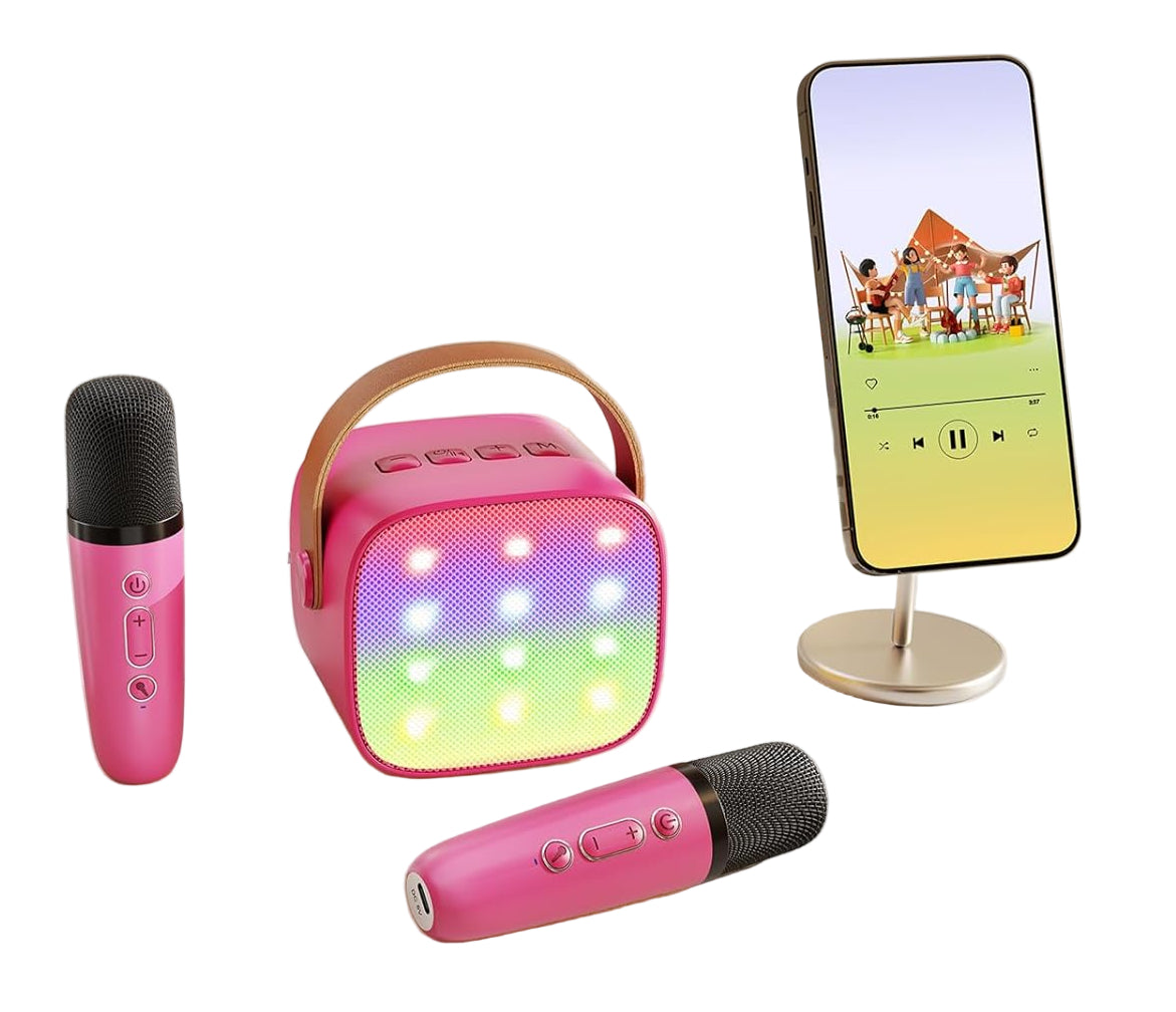 Skanto | Mini machine à karaoké portable avec haut-parleur Bluetooth et 2 microphones sans fil – Veylo